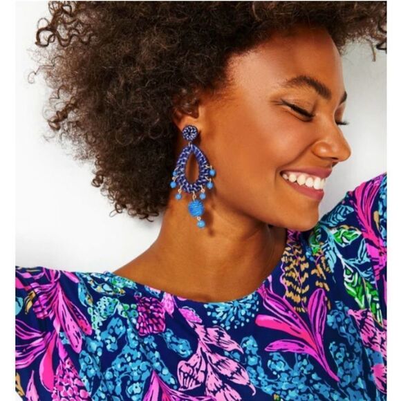 Lilly Pulitzer Raffia Chandelier Drop Earrings Gold Tone & Alba Blue NWT - Picture 1 of 4